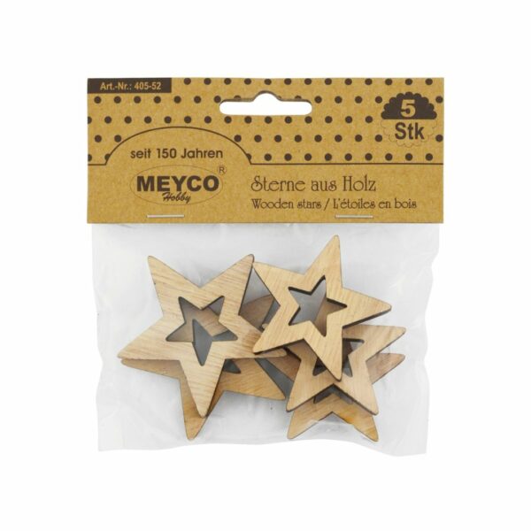 Meyco Ξύλινα Αστέρια Χριστουγέννων σετ 5τεμ (2χ67mm-3x48mm)